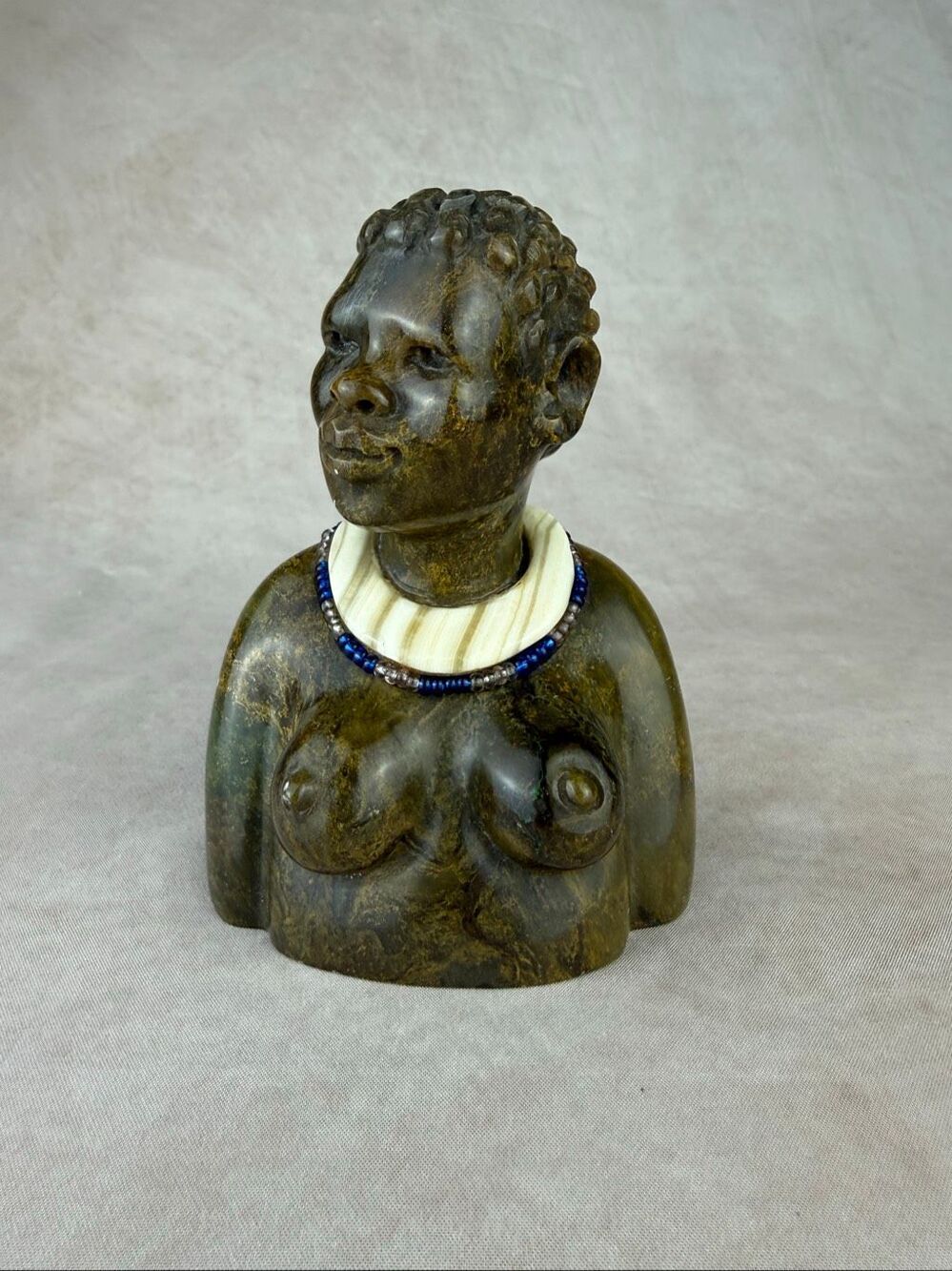 Vintage African Woman Bust Sculpture Carved Green Stone